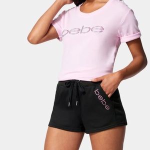 Bebe Black Booty Shorts Pink Nailhead Logo Soft Cotton Bottoms New Size Medium